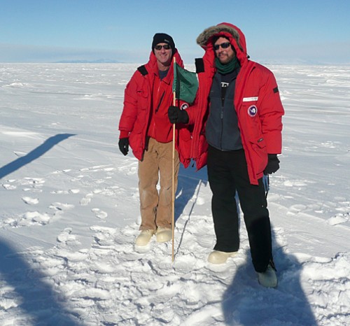 Stephen Pekar of Queens College, CUNY, and Marvin Speece of Montana Tech pose for a photo near the site of the Offshore New Harbor (ONH) Project team's area of study on the ice of the Ross Sea off the coast of Antarctica. Their research will offer new insights into the relationship between climate and ocean currents over millions of years.