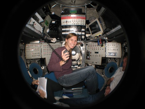 Scientist Anne Dekas collects methane-seep sediments from the deep-sea submersible Alvin.