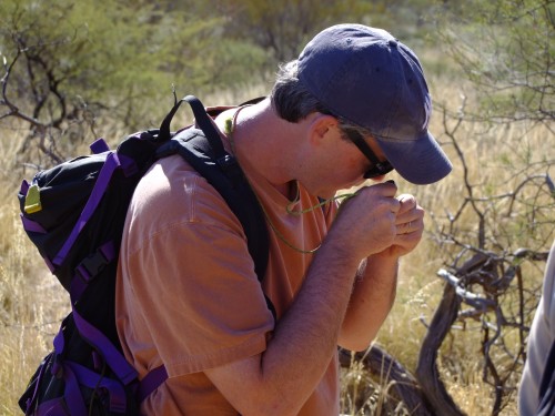 Tim Lyons looks at weathered outcrop samples overlying fresh shales collected by drilling.